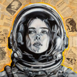 Girl astronaut with space helmet on