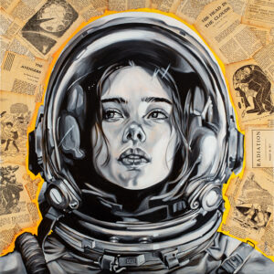 Girl astronaut with space helmet on