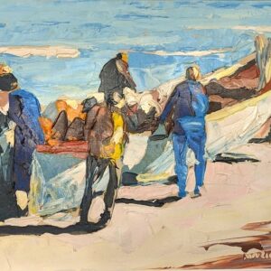 oil painting of men preparing their boat