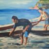 men pulling in nets oil painting
