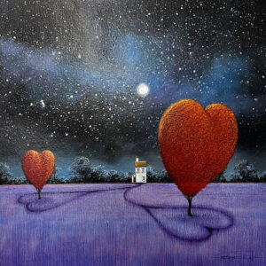 Red heart in the middle of a field of lilac
