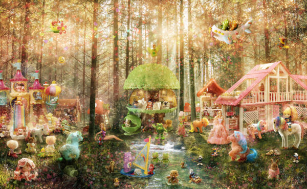 Composite picture showing cute toys such as sylvanian families.