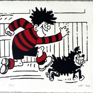 Dennis and Gnasher run. from their first front page.